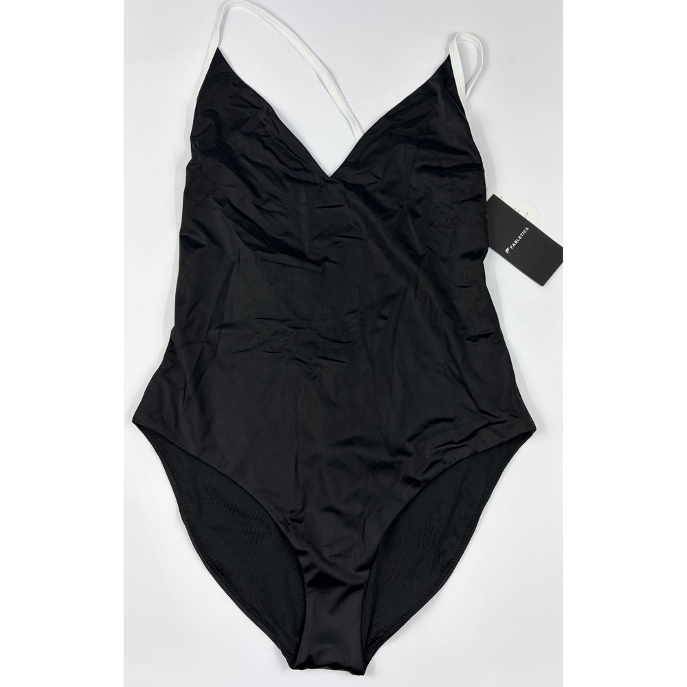 Black One Piece Swimsuit Fabletics Swim White Cross Strap Scoop Back New Large
